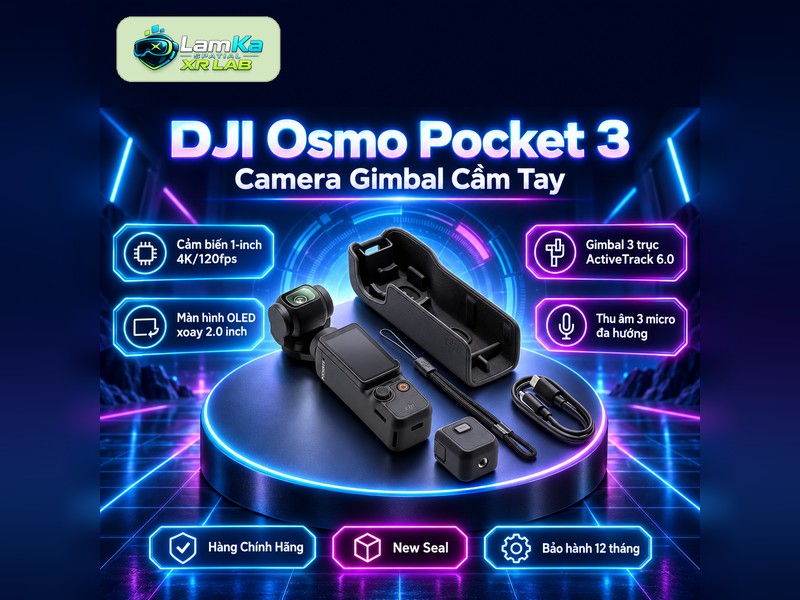 Máy quay DJI Osmo Pocket 3 Basic trên đế tròn với nền công nghệ