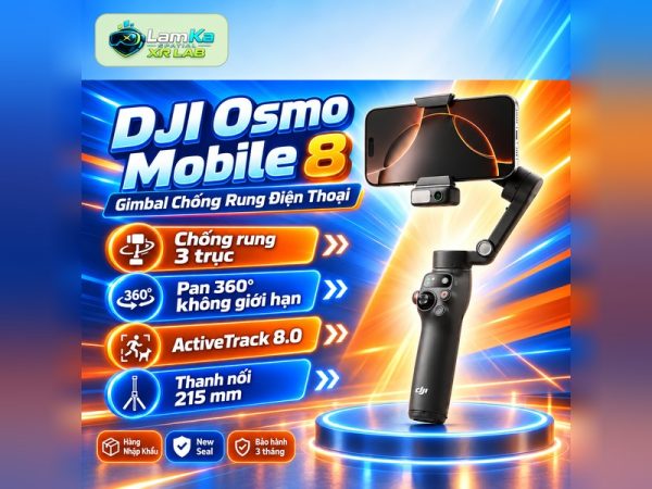 Gimbal DJI Osmo Mobile 8 đặt trên đế tròn với nền công nghệ