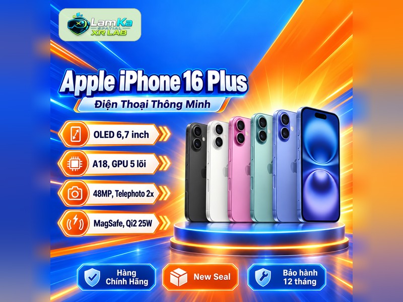 Điện thoại Apple iPhone 16 Plus trên đế tròn với nền công nghệ