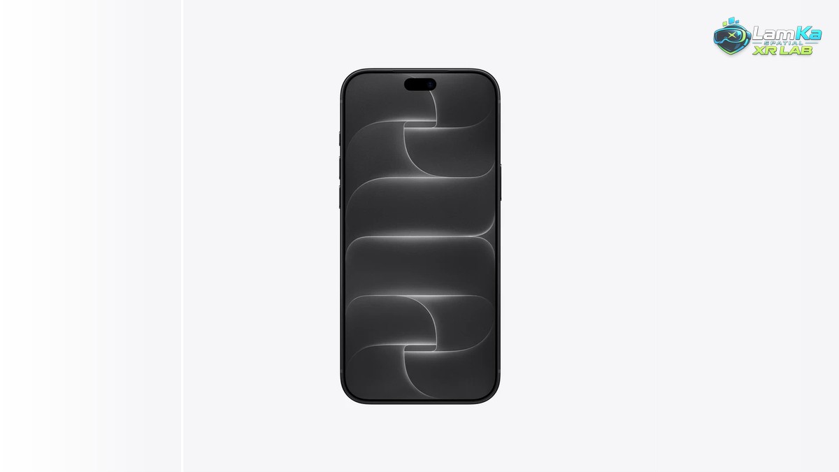iPhone 18 Pro màu đen nhìn từ phía trước, màn hình hiển thị họa tiết tối