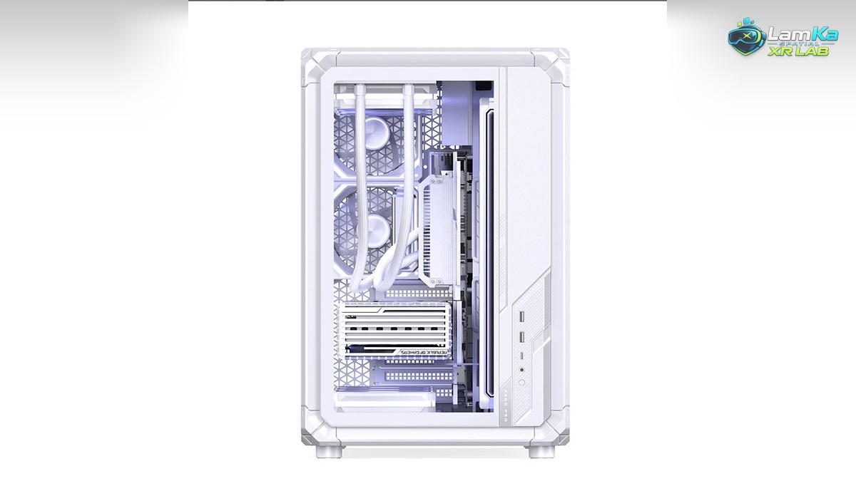 Jonsbo X400 PRO White nhìn thẳng mặt trước kính, thấy linh kiện và dãy cổng ở mép phải