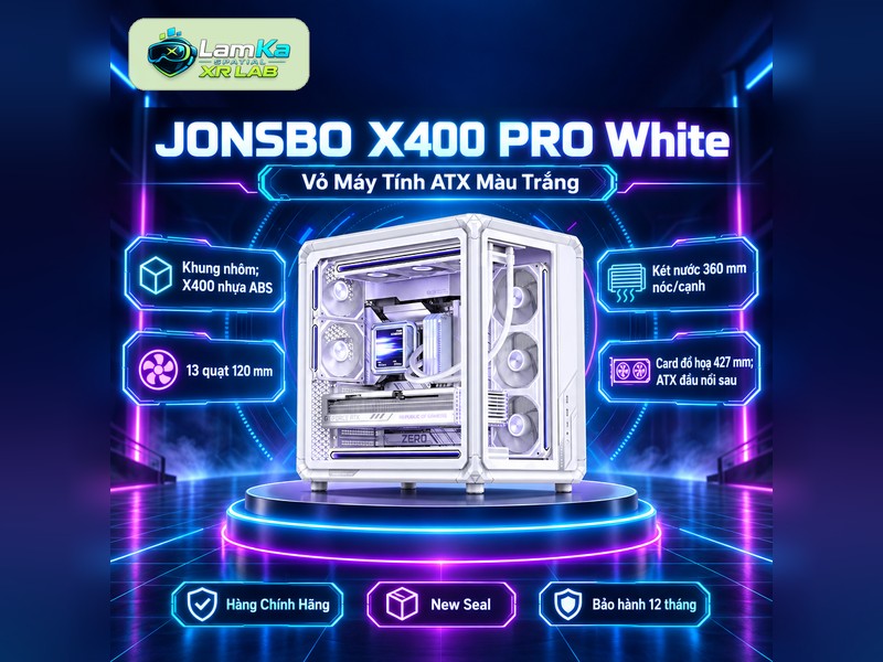 Vỏ PC Jonsbo X400 PRO White trên đế tròn với nền công nghệ