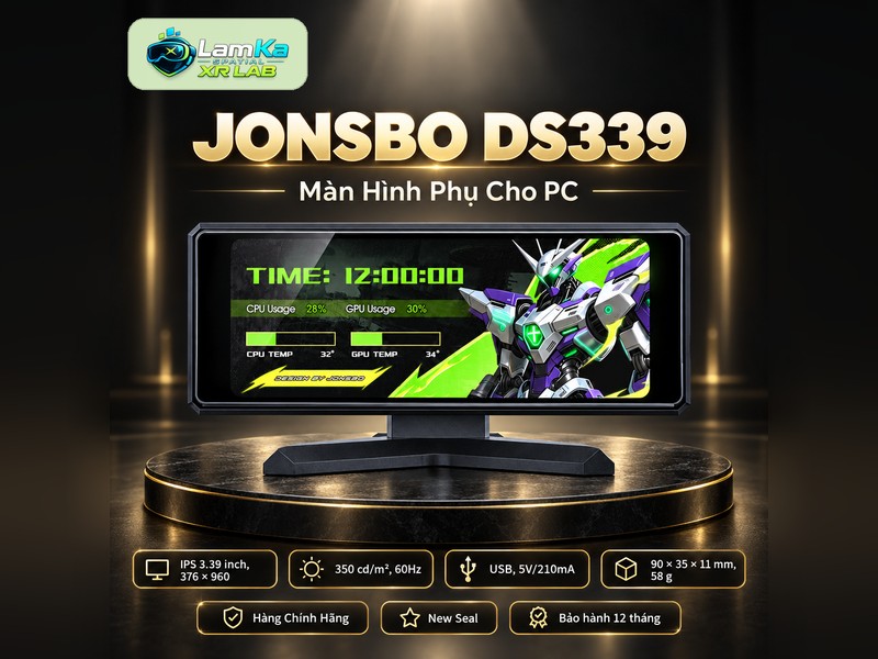Màn hình phụ JONSBO DS339 đặt trên đế tròn với nền công nghệ phía sau