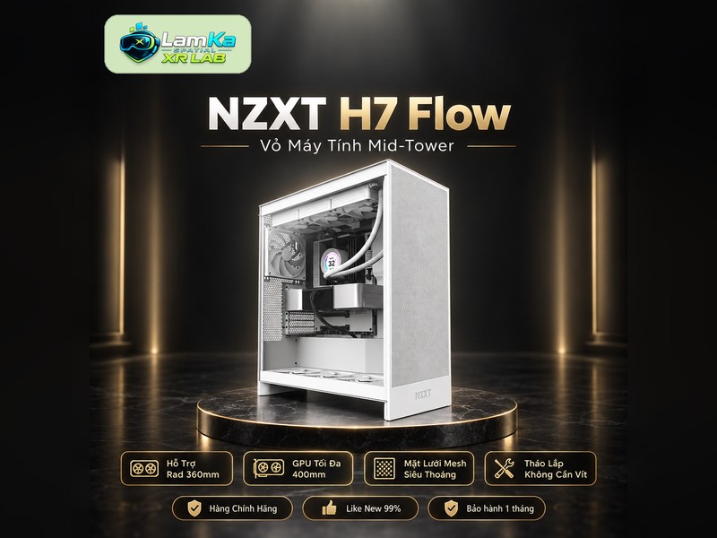 Vỏ case NZXT H7 Flow trên đế tròn với phông nền công nghệ